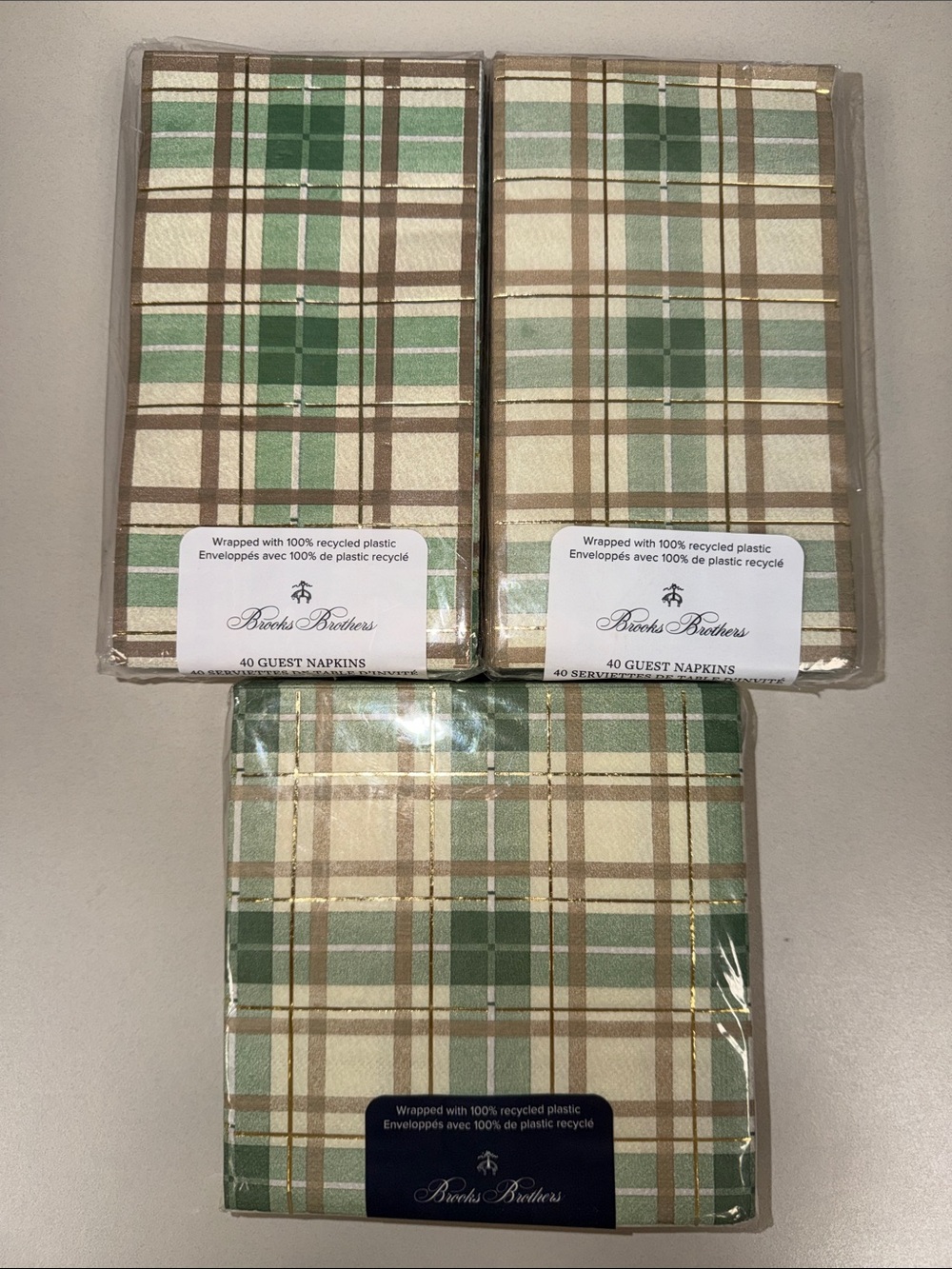 Brooks Brothers Green Tan Gold Metallic Plaid Napkins Guest Towels x 3 packs